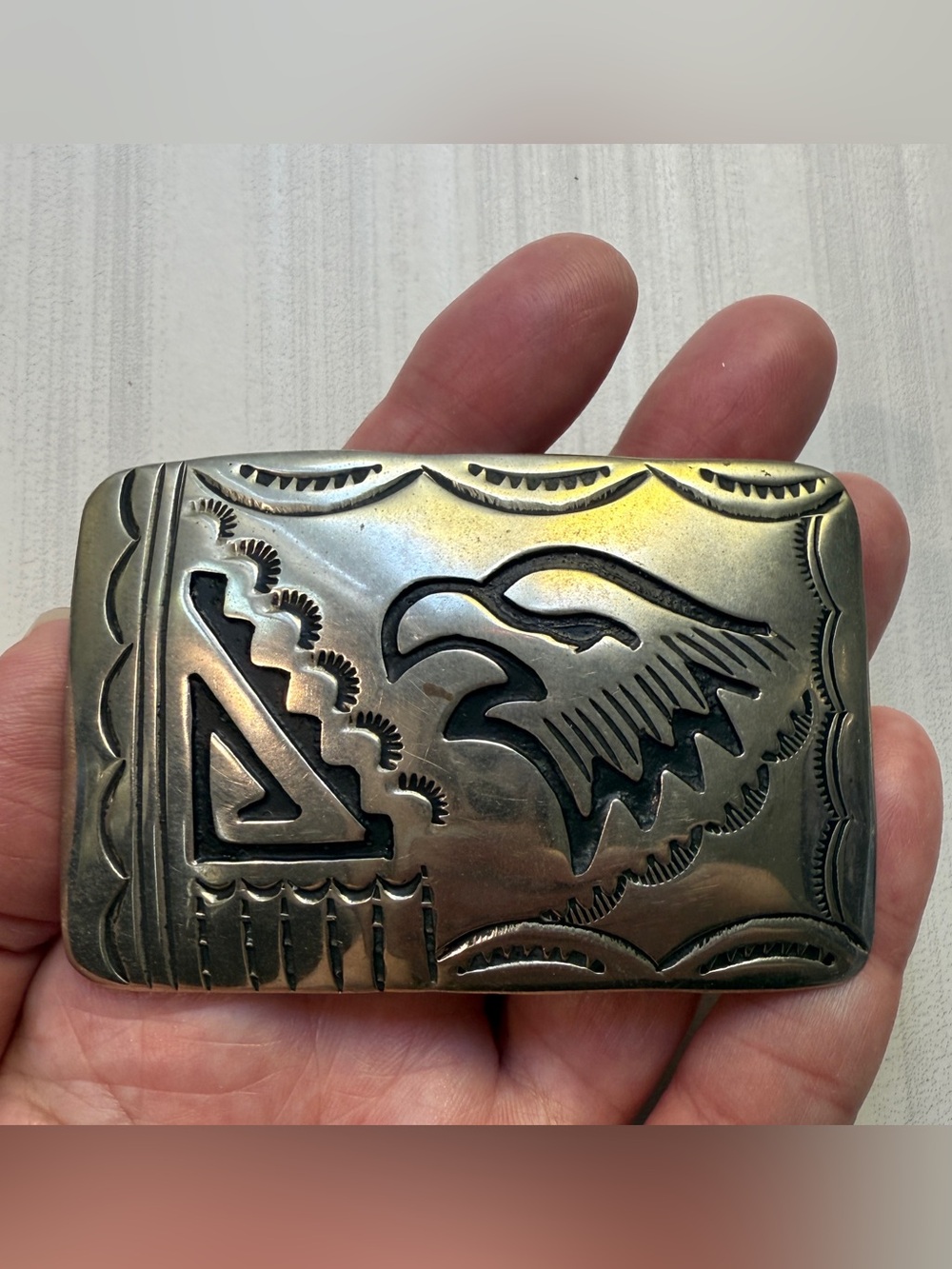 Vintage Navajo Artist Leander Nezzie Belt Buckle Silver Eagle Native American